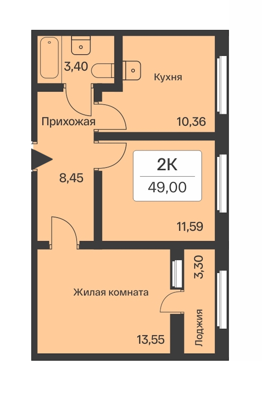 2-комнатная квартира 49 м², 10/10 эт., ЖК «Расцветай в Янино»